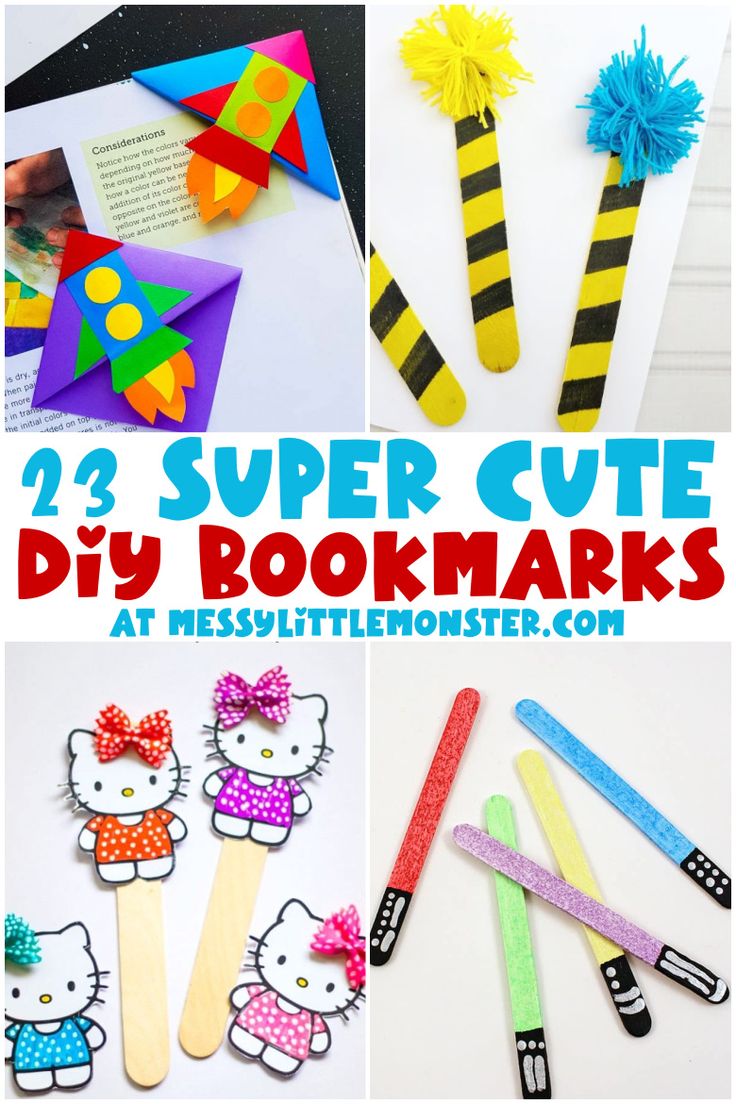 some paper crafts that include scissors and hello kitty hair clips with the words super cute diy bookmarks