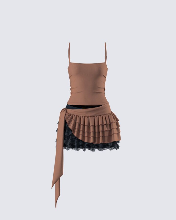 Dovie Multi Ruffle Layered Skirt – FINESSE Brown Cami Top, Edm Concert, Closet Model, Brown Cami, Summer Night Outfit, Pool Party Outfits, Strapless Ruffle Dress, Preformance Outfits, Concert Fits