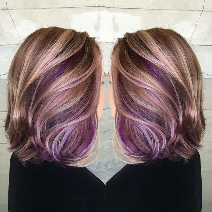 “She wanted to completely change her look and add pretty pops of purple. We chose warm golds and Browns as a complete opposite from the ashy blonde she…” Balayage Bangs, Purple Peekaboo Hair, Peekaboo Hair Colors, Purple Hair Highlights, Peekaboo Color, Underlights Hair, Peekaboo Highlights, Peekaboo Hair, Purple Highlights