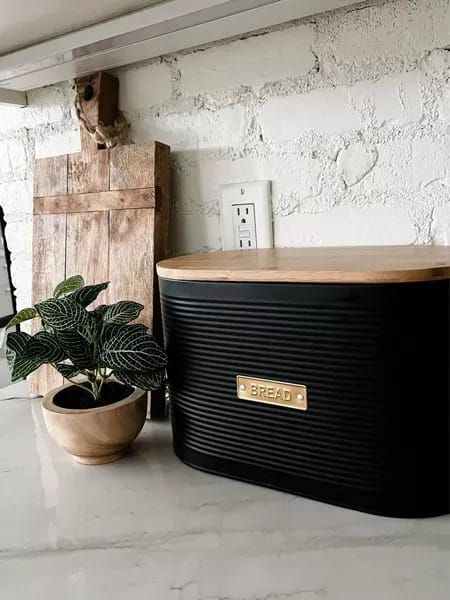 a black box sitting on top of a counter next to a potted plant