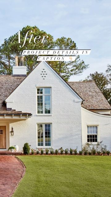 a white brick house with the words after written on it