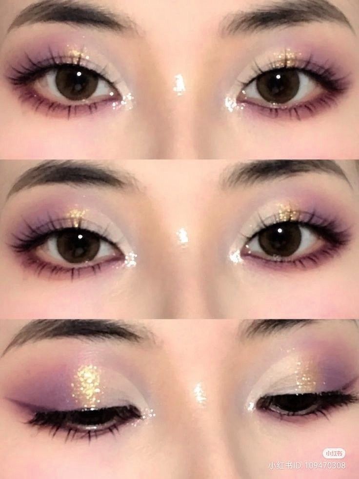 Korean Purple Makeup, My Melody Makeup Look, Purple Douyin Makeup, Kpop Concert Makeup, Lavender Makeup Looks, Douyin Eye Makeup, Douyin Makeup, Cute Eye Makeup, Doll Eye Makeup