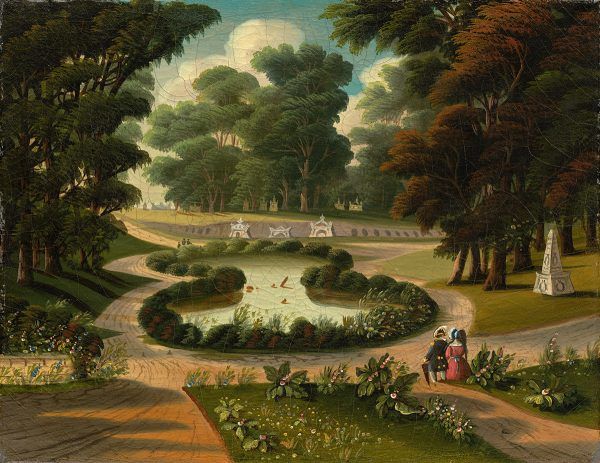 a painting of people in a park with trees and flowers on the ground, surrounded by greenery