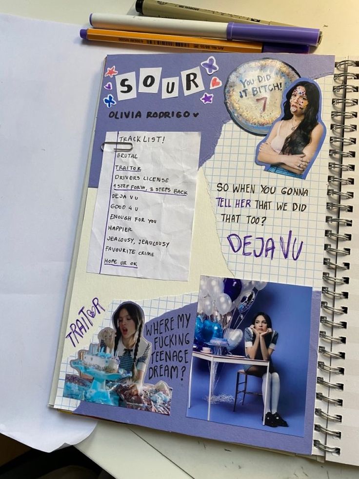 a spiral notebook with pictures and writing on it