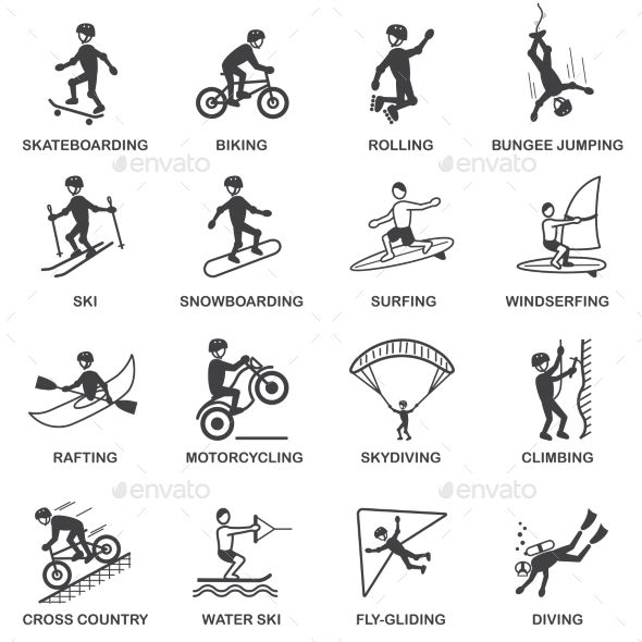 different types of skiing, snowboarding, wind surfing, water skiing and other sports related activities