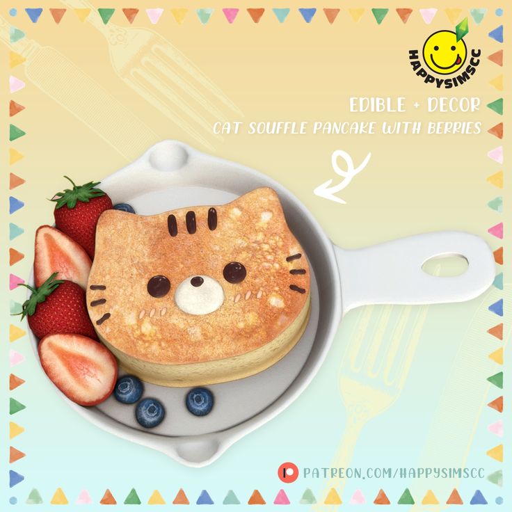 a pancake with a cat face on it and strawberries in the plate next to it