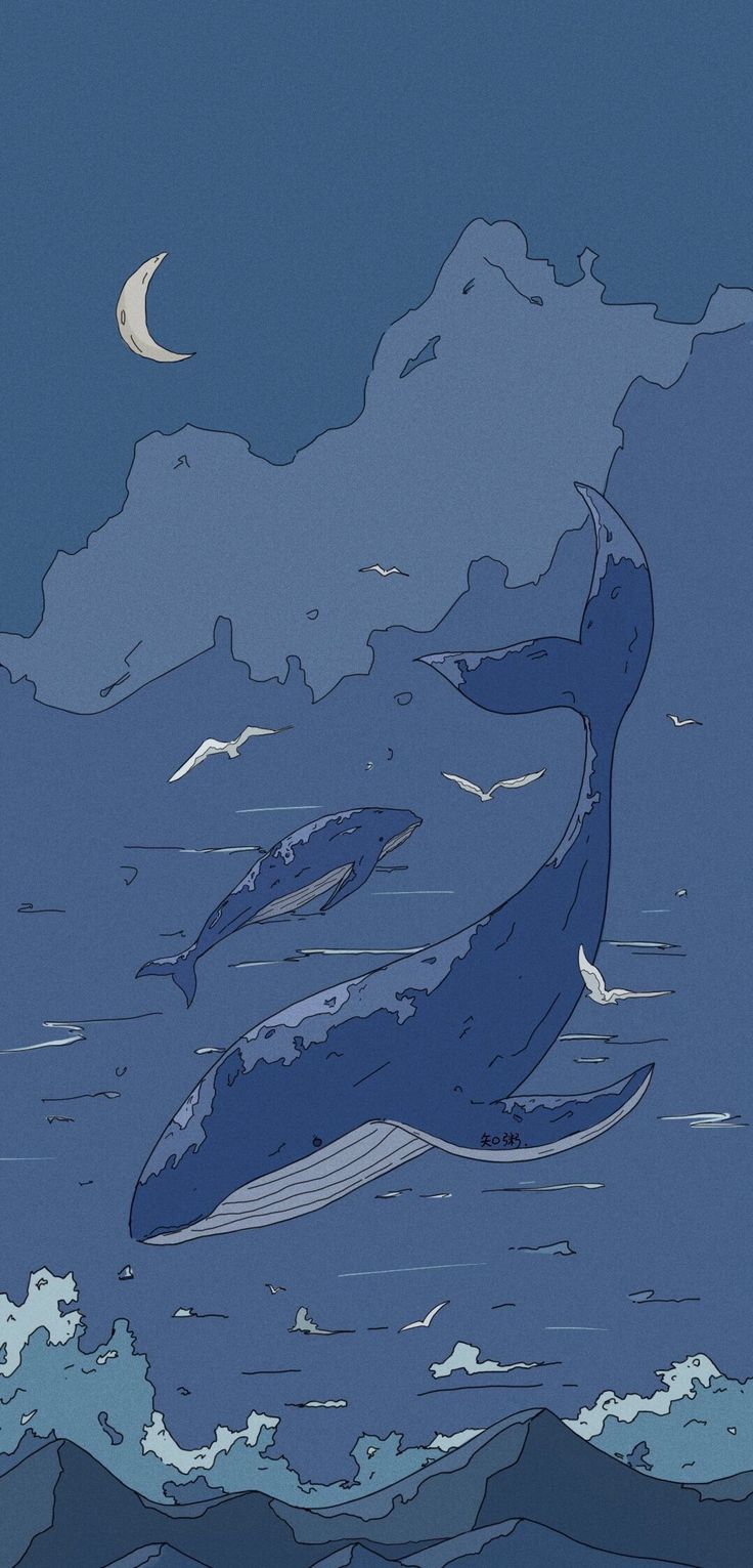 two blue whales swimming in the ocean under a full moon and some birds flying above them