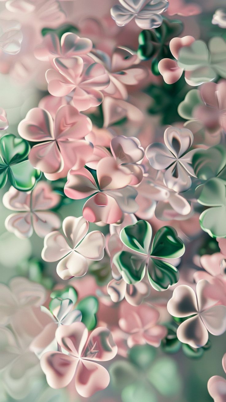 many pink and green clovers are flying in the air