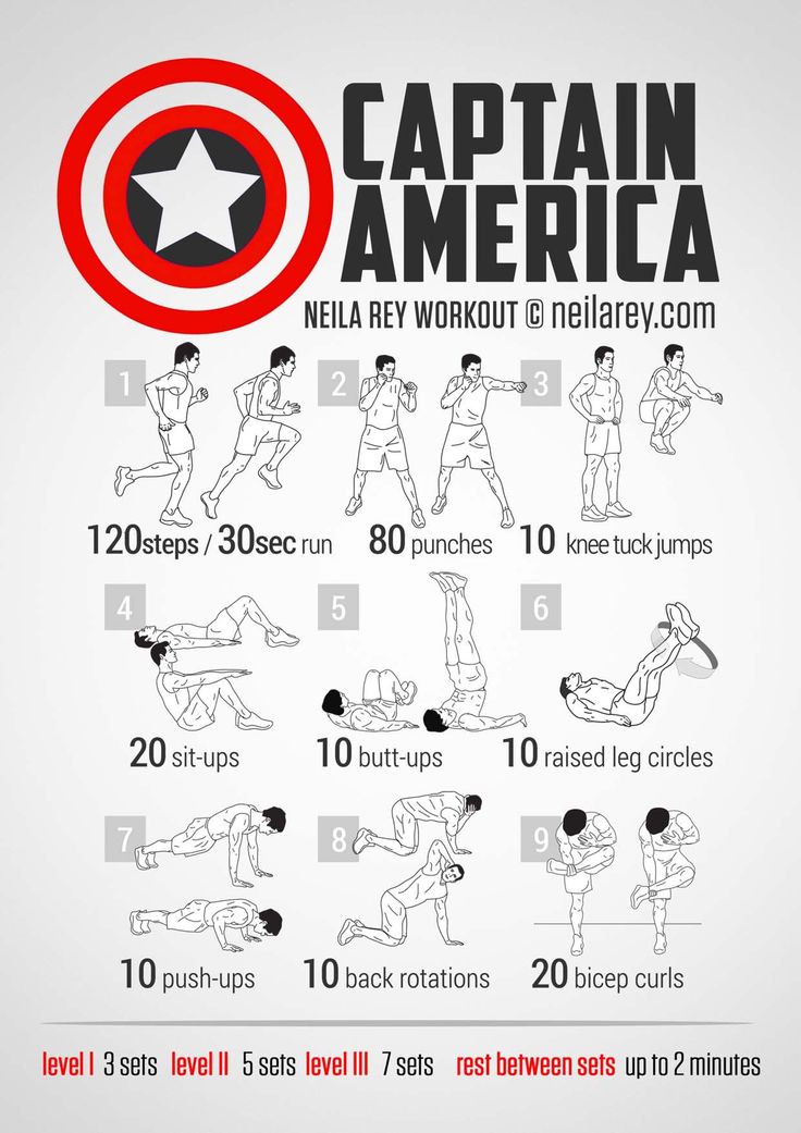 the captain america workout chart shows how to do it in 5 minutes and 10 minutes