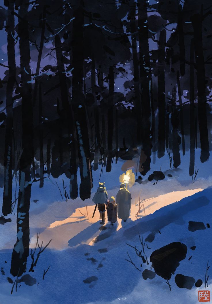 two people are walking through the woods at night