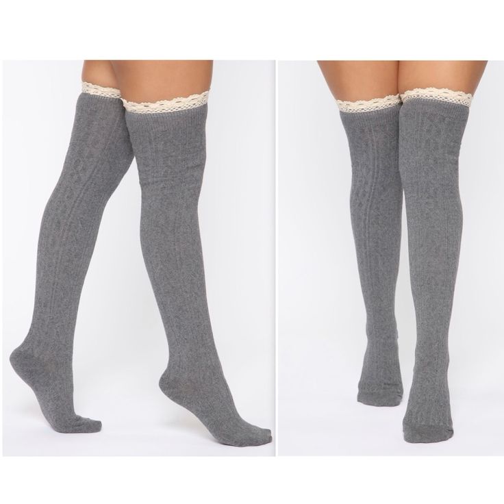 Brand New With Tags Over The Knee Socks Knit Fabric Detail Lace Trim Final Sale Casual Gray Thigh-high Socks, Casual Gray Thigh High Socks, Casual Gray Knee-high Stockings, Cozy Gray Socks For Stocking Stuffers, Rhinestone Tights, Red Fishnets, Rhinestone Fishnets, Accessories Simple, Knee High Stockings