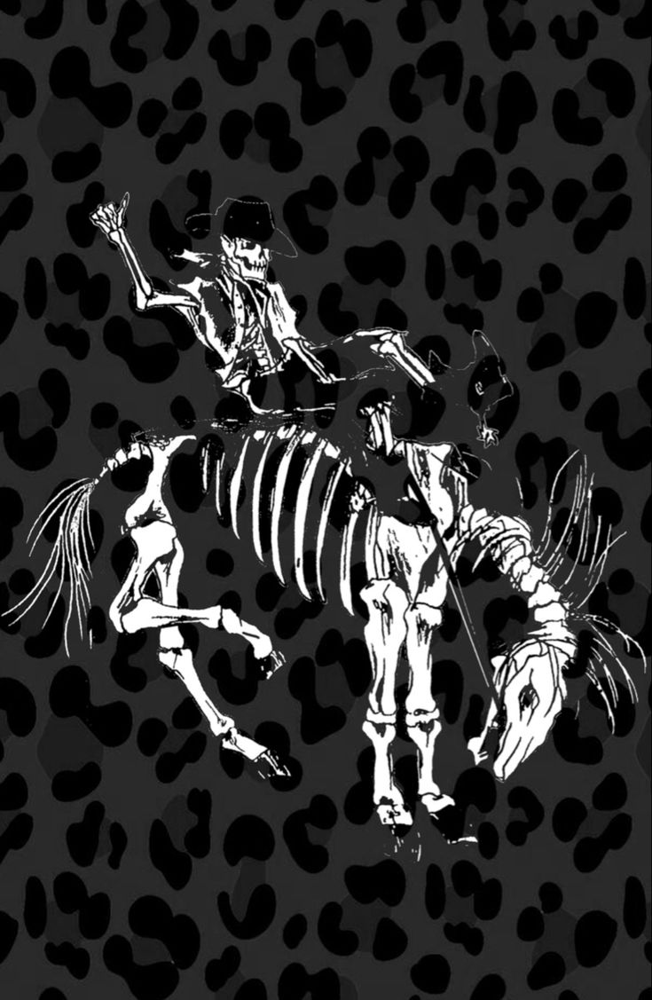 a skeleton riding on the back of a horse in front of a leopard print background