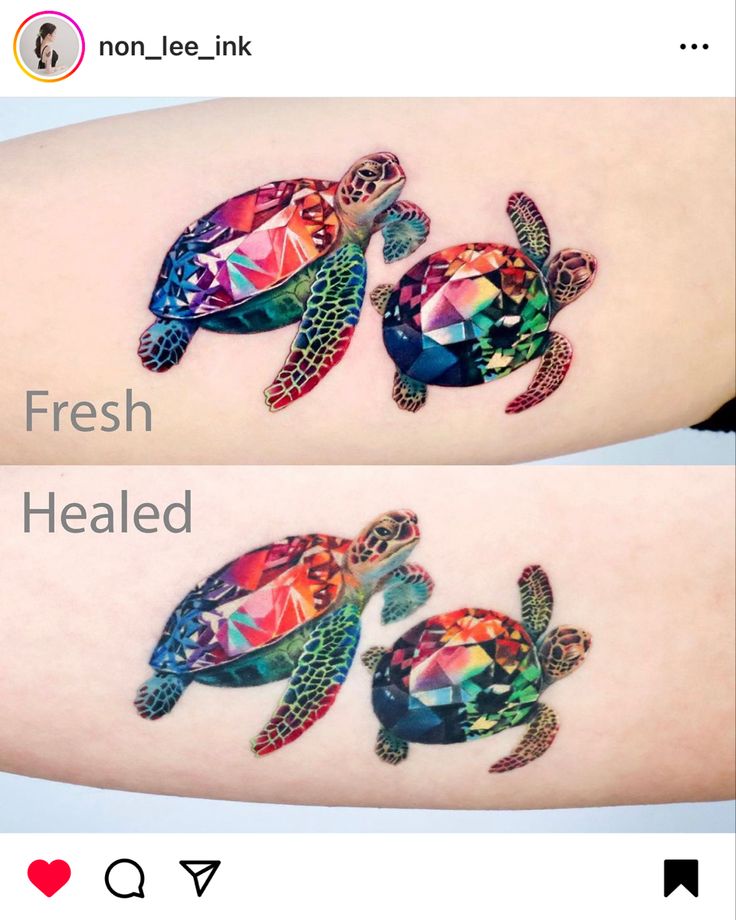 two tattoos with different colored turtles on them