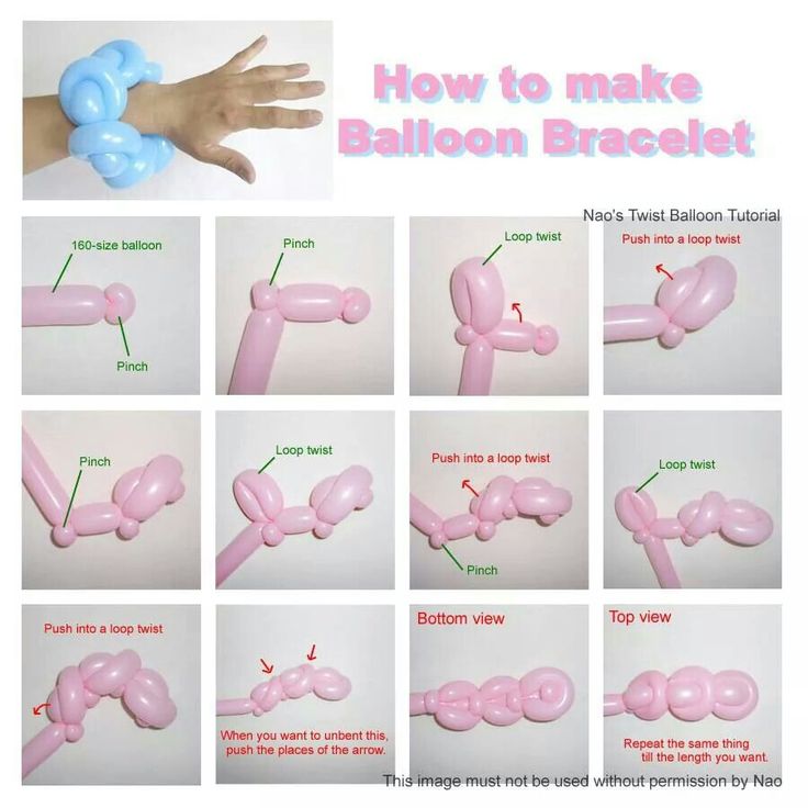 the instructions for how to make balloon braclet in pink, blue and white