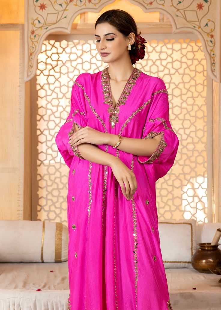 Hot pink pure rawsilk Kaftan all handworked with dabka, resham, zardozi and mirrorwork details (fully worked front and back) Pink Dola Silk Dress With Dabka Work, Pink Raw Silk Traditional Wear With Resham Embroidery, Pink Traditional Wear With Resham Embroidery, Pink Traditional Wear With Gota Work For Designer Occasions, Pink Chinon Dress With Dabka Work, Traditional Pink Raw Silk Dress, Traditional Pink Silk Dress, Festive Pink Raw Silk Traditional Wear, Party Kaftan In Chanderi With Dabka Work