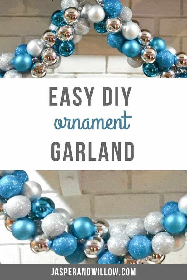 an easy diy ornament garland with blue and white ornaments