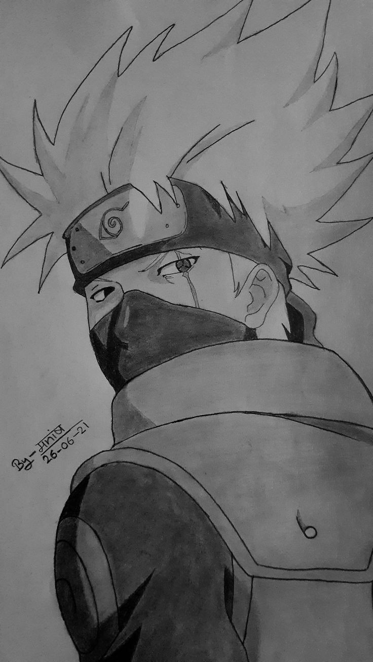 a drawing of naruto with his hair blowing in the wind and eyes closed