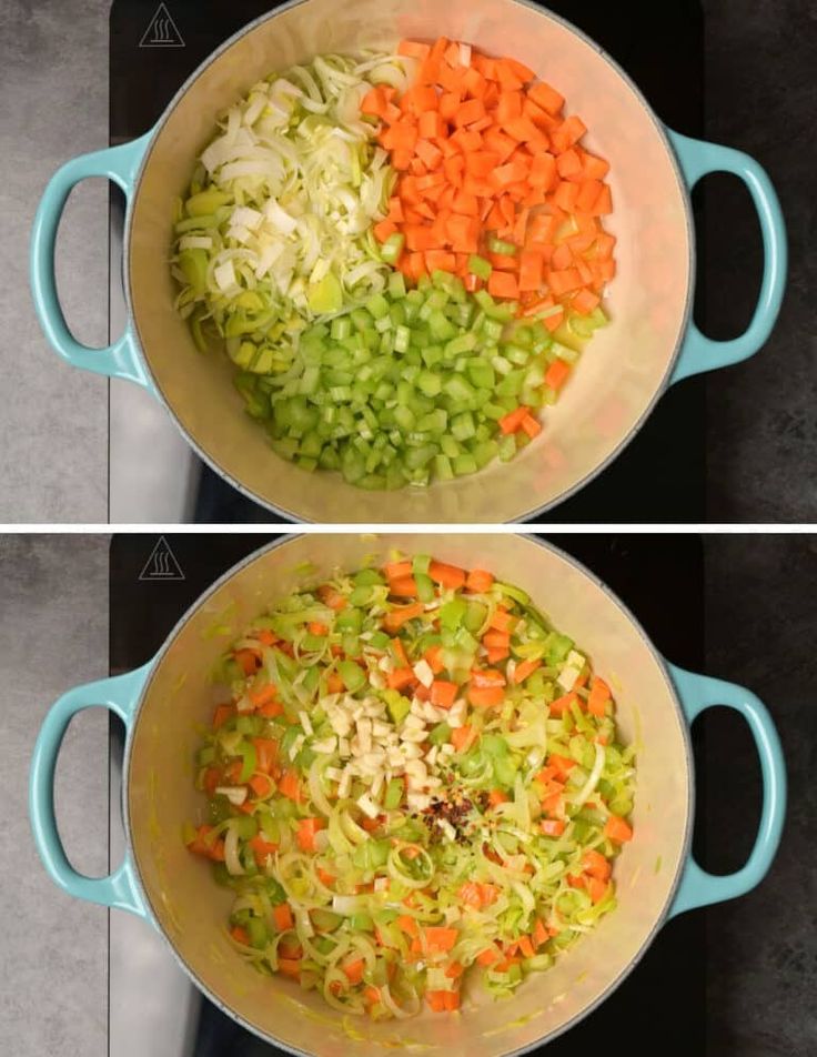 two pictures showing the process of how to cook cabbage and carrots in a pot