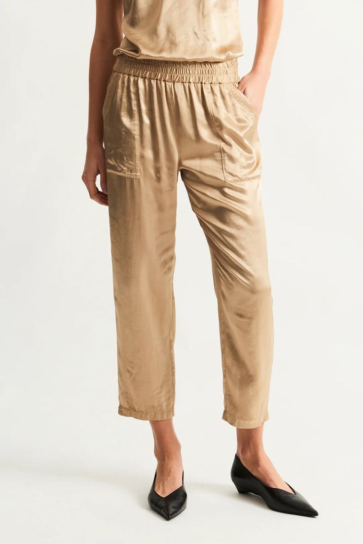 Pebble Satin Sand Trapunto Pant – Raquel Allegra Chic Satin Tapered Leg Pants, Viscose Bottoms With Elastic Waistband And Tapered Leg, Chic Silk Bottoms With Elastic Waistband, Casual Silk Pants With Elastic Waistband, Casual Silk Pants With Relaxed Fit, Casual Silk Straight Leg Pants, High-waisted Silk Bottoms With Elastic Waistband, Silk High-waisted Bottoms With Elastic Waistband, Silk Bottoms With Elastic Waistband And Straight Leg