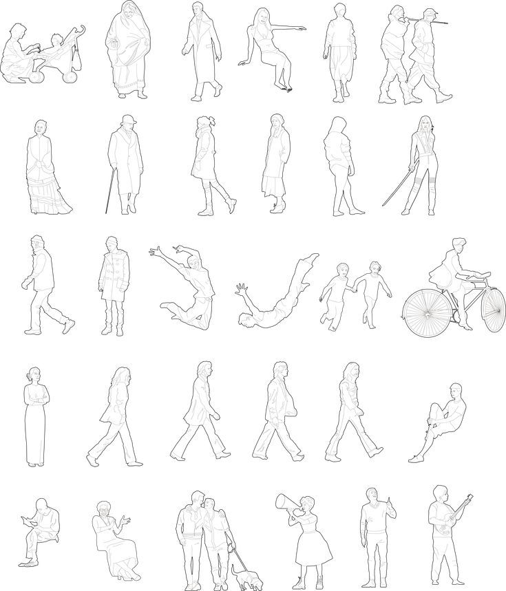 the silhouettes of people walking and riding bikes are drawn in black ink on white paper