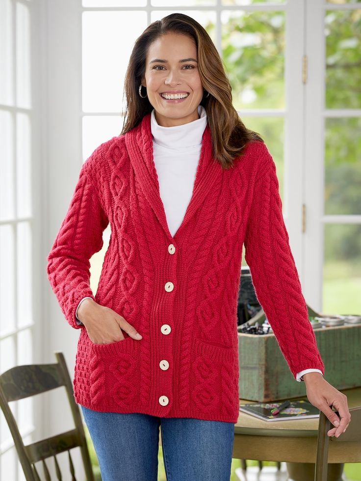 The old Irish proverb "What fills the eyes fills the heart" certainly holds true for this cardigan. It's beautifully knit in Supersoft Merino wool, which is loved for its luxurious softness, insulating warmth, and breathability. It features traditional stitches, including cable and basketweave. Cable stitches represent fishing ropes and signify safety and good luck for fishermen when out at sea and the basketweave stitches represent the fisherman's basket and signify the hope of an abundant catc Classic Fall Style, Asymmetrical Cardigan, Kawaii Clothes Goth, Vermont Country Store, Shawl Collar Sweater, Cable Cardigan, Shawl Collar Cardigan, Teacher Clothes, Collar Cardigan