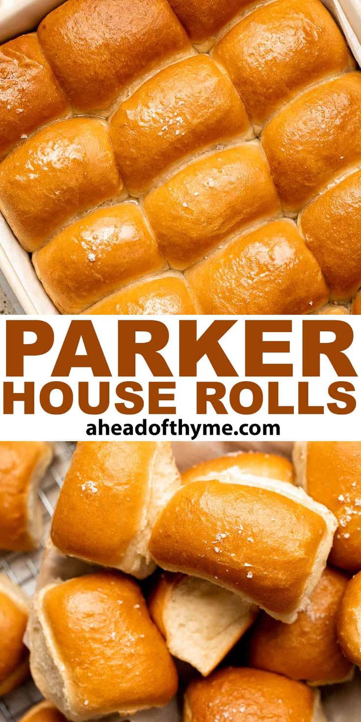 this is an image of baked house rolls in the oven with text overlay that reads, parker house rolls