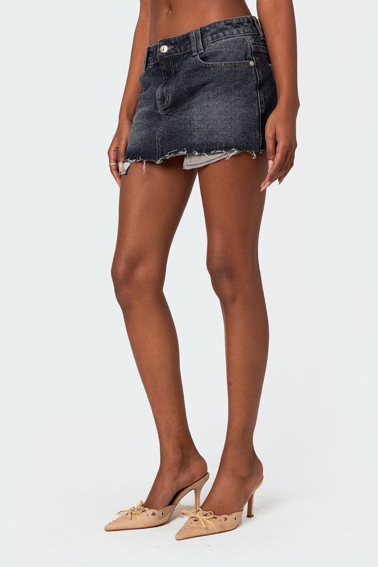 PRODUCT INFO Mini skirt Distressed hem Washed denim fabric 100% Cotton Model wears size S Model height is 5'9 Item care: Wash with similar color Chic Dark Wash Mini Bottoms, Chic Dark Wash Mini Length Bottoms, Short Dark Wash Cotton Denim Skirt, Chic Mid-rise Skirt With Frayed Hem, Medium Wash Cotton Cutoff Skirt, Mid-rise Washed Black Bottoms With Frayed Hem, Fitted Cutoff Dark Wash Mini Skirt, Fitted Cutoff Dark Wash Denim Skirt, Fitted Washed Black Cutoff Bottoms