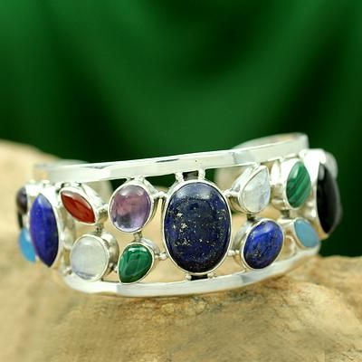 Lapis lazuli and pearl cuff bracelet, 'Colors of Life' - Sterling Silver Cuff Bracelet Multigemstone Jewelry Silver Cuff Bracelets, Bracelets Unique, Gemstone Cuff Bracelet, Pearl Cuff Bracelet, Pearl Cuff, Gold And Silver Bracelets, Garnet Jewelry, Sterling Silver Cuff Bracelet, Blue Jewelry