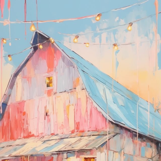 a painting of a barn with lights hanging from it's roof