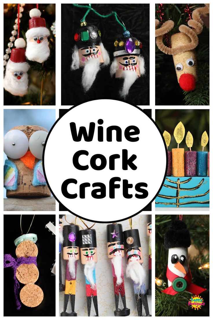 wine cork crafts for christmas and new year's eve with text overlay that says wine cork crafts