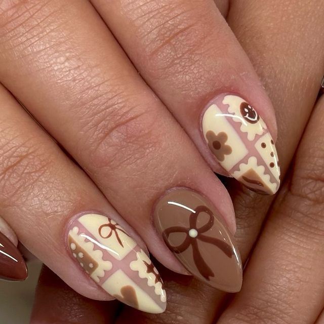 Alyssa | Ohio Natural Nail Tech on Instagram: "fall nails are here… i’m scared 🙈👢🍪  inspo: @nailsbybryn !!  @madam_glam @luminary_nail_systems" Different Colored Fall Nails, Cute Fall Natural Nails, Thanking Nail Ideas, Subtle Cute Nails, Fall Nails Coquette, Brown Spooky Nails, Christmas Brown Nails, Brown Hearts Nails, Cute Turkey Nails