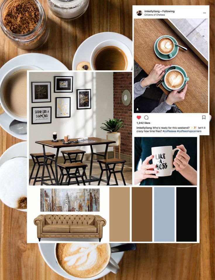 a collage of photos with coffee and other things in them, including pictures on the wall