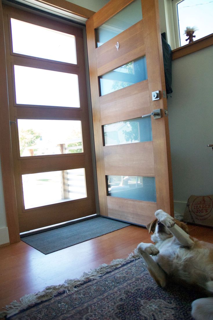 a dog laying on the floor in front of a wooden door with glass inserts