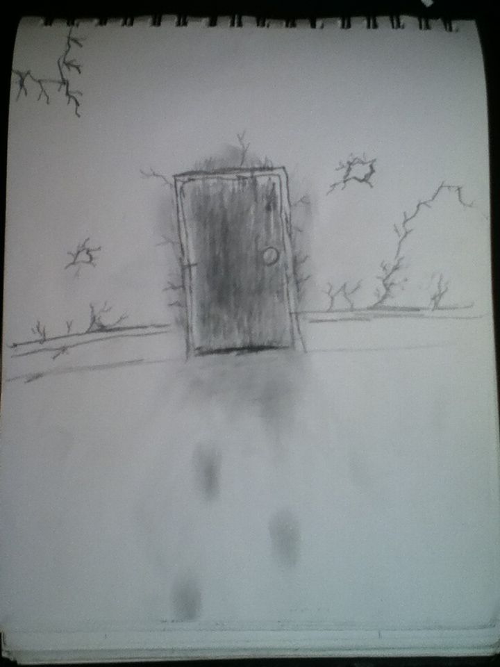 a drawing of a door in the middle of a field