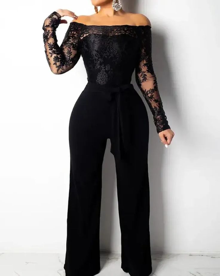 Lasaky - Wide Leg Lace Bodice Belted Jumpsuits Black Jumpsuit Outfit, Spring Jumpsuits, Casual Elegant Style, Rompers Womens Jumpsuit, Belt Jumpsuit, Bridal Jumpsuit, Jumpsuit Elegant, Jumpsuit Outfit, Lace Long Sleeve