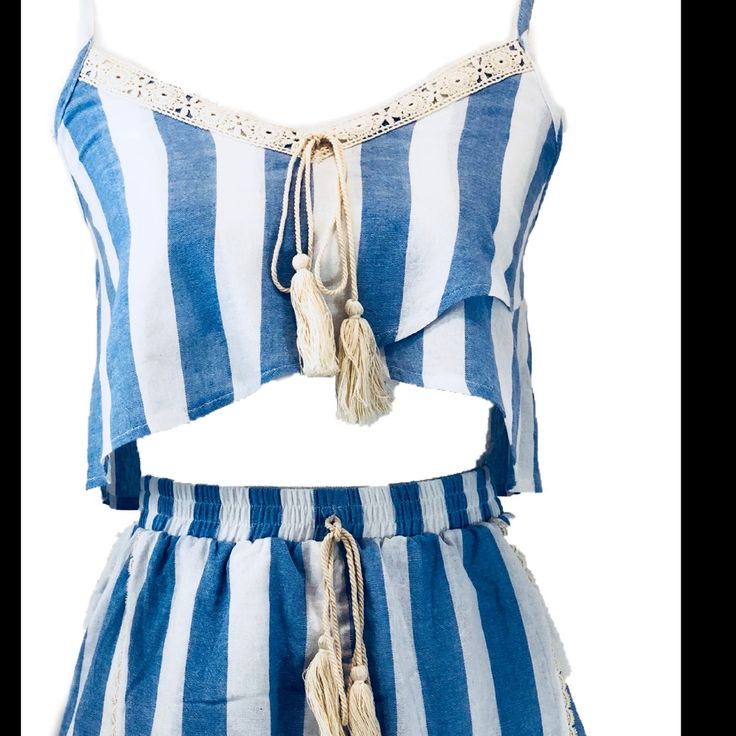 Stripped Shorts And Top Set With Tassels. Casual Striped Short Tops, Striped Short Top For Spring, Blue Striped Hem Top For Summer, Summer Blue Top With Striped Hem, Striped Cotton Shorts For Beach Season, Cotton Beach Shorts With Vertical Stripes, Casual Blue Shorts With Vertical Stripes, Blue Striped Hem Bottoms For Summer, Blue Summer Bottoms With Striped Hem