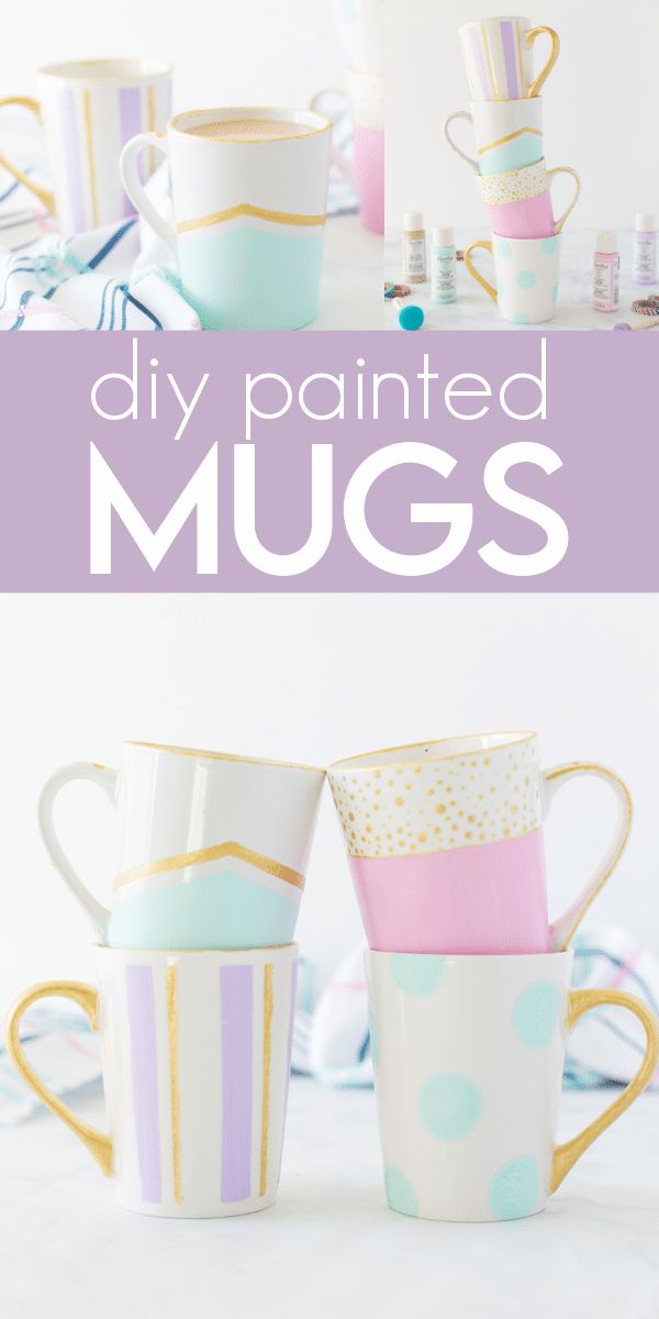 three coffee mugs with the words diy painted mugs on them