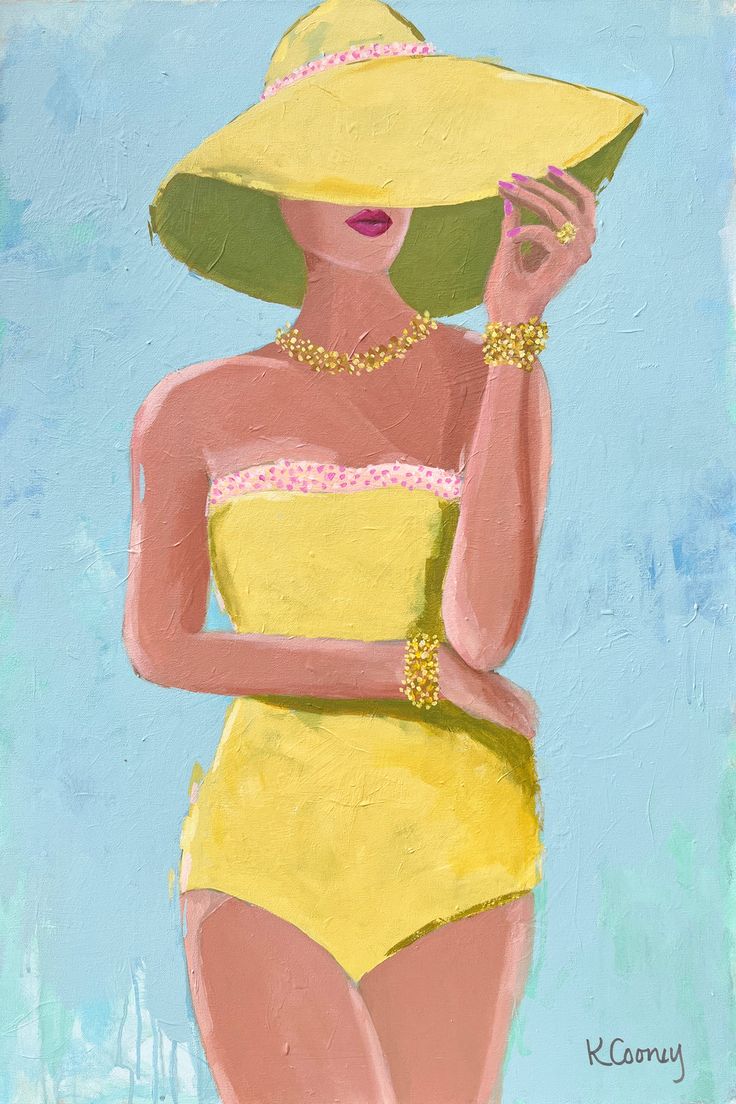 a painting of a woman in a yellow bathing suit and straw hat holding a drink