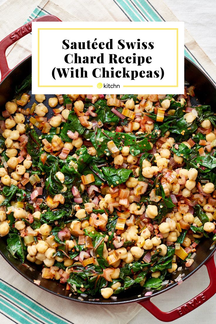 sauteed swiss chard recipe with chickpeas in a skillet on a table