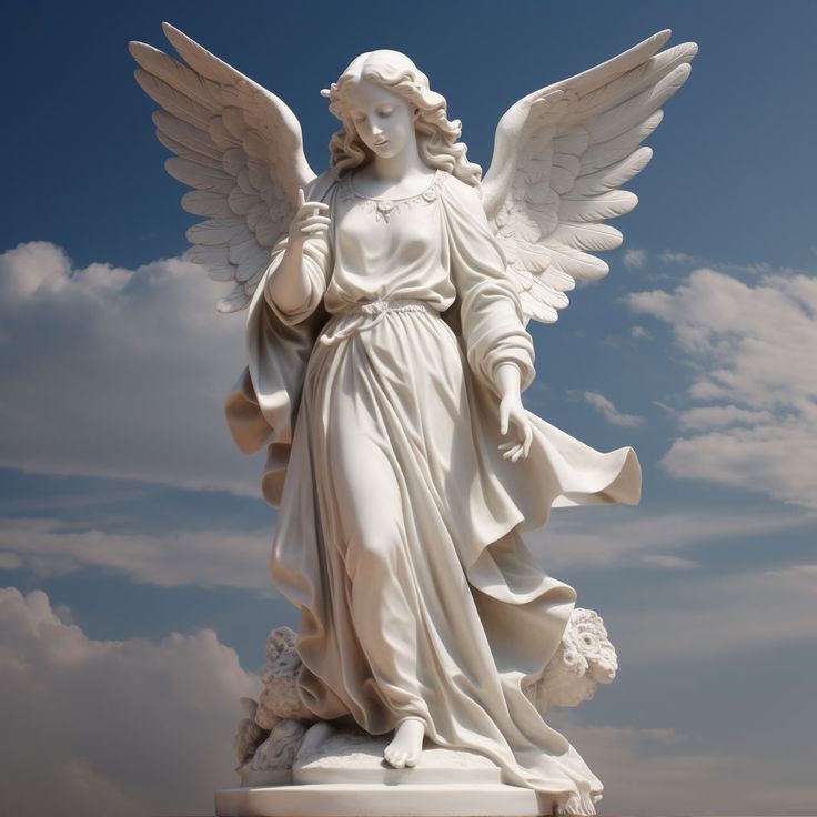 an angel statue is shown against a blue sky