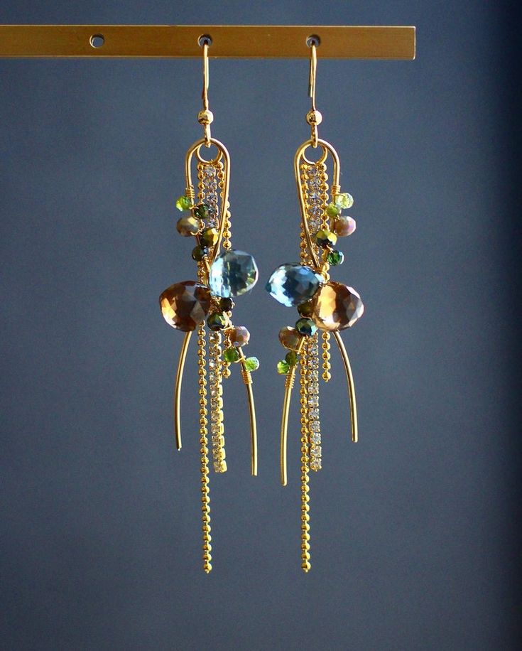 Fine Jewelry Dangle Cluster Earrings Gift, Gold Earrings With Gemstone Accents As Gift, Gold Earrings With Gemstone Accents For Gift, Artisan Earrings With Gemstone Accents For Gift, Wire Wrapped Fusion Earrings For Gift, Gift Long Drop Earrings With Gemstone Accents, Fusion Style Wire Wrapped Earrings For Gift, Long Drop Earrings With Gemstone Accents For Gift, Unique Briolette Earrings As Gift