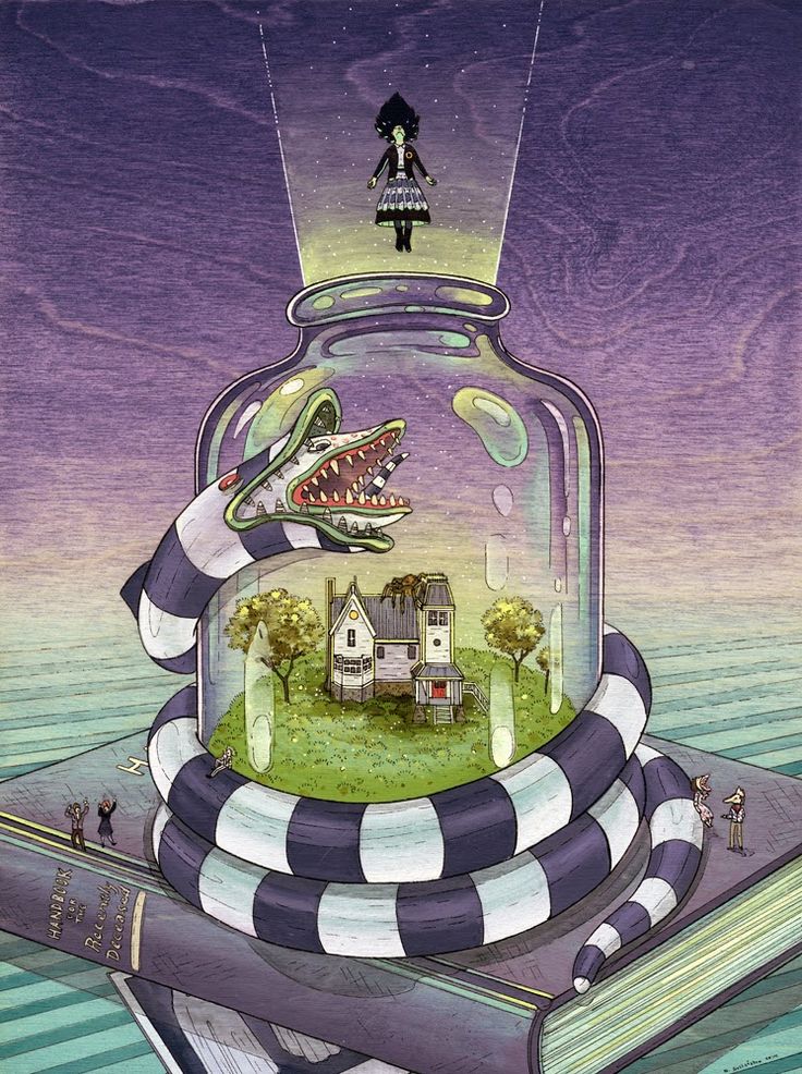 an illustration of a house in a glass jar with a snake inside and people standing on top