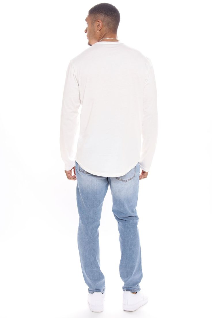 Available In Black, Burgundy, Grey, Navy, Olive And White Crew Neck Long Sleeve 100% Cotton Imported | Mens Essential Long Sleeve Scallop Tee Shirt in White size Medium by Fashion Nova Casual Long Sleeve Top With Shirttail Hem, White Stretch Casual Shirt, Casual White Stretch Shirt, White Long Sleeve Cotton Tops, White Stretch Casual Tops, White Cotton Long Sleeve Tops, White Long Sleeve Casual Top, Stretch Cotton Fall Shirt, White Relaxed Fit Tops With Shirttail Hem