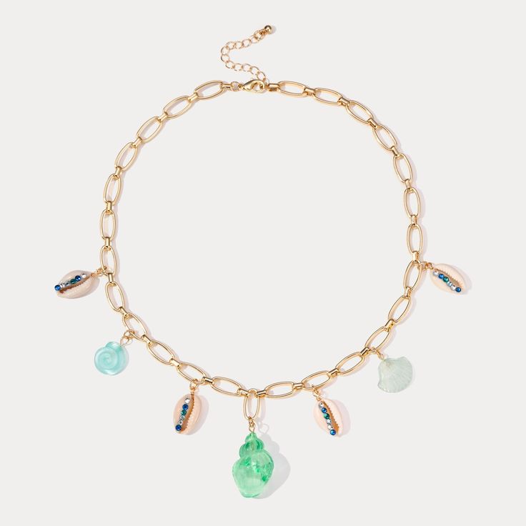 Indulge in the magic of the ocean with our Pastel Sea Shell Necklace! This dreamy accessory features real sea shells, reminding you of carefree beach days and mermaid fantasies. The adorable pastel colors add a touch of holiday charm to any outfit, while the relaxing vibes it exudes will transport you to a peaceful fairy tale world. DETAILS Plating: 18K Gold on Alloy Materials: Alloy, Resin, Shell, Cubic Zirconia Measurements: Length: 16.9"(43cm)+Extender: 2.95"(7.5cm) Weight: 27g Ocean-inspired Starfish Charm Necklace For Vacation, Starfish Charm Strand Jewelry For Vacation, Starfish Charm Jewelry For Vacation, Charm Jewelry For Beach, Strand Jewelry With Starfish Charm For Vacation, Vacation Jewelry With Starfish Charm, Vacation Jewelry With Starfish Charm On Strand, Vacation Ocean-inspired Starfish Charm Necklace, Ocean-inspired Jewelry With Charms For Beach