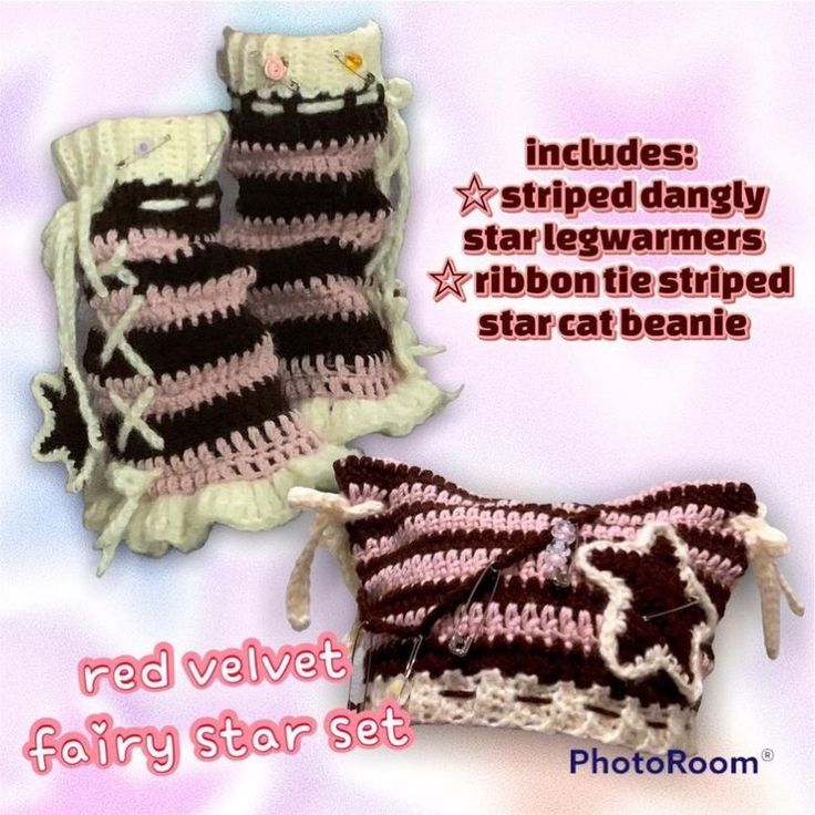 two crocheted baby booties are shown in pink, brown and white colors