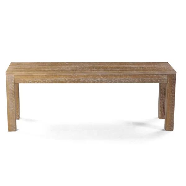 a wooden bench sitting on top of a white floor