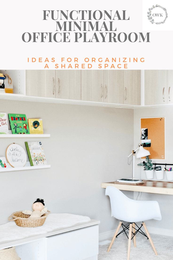 an office with desk, chair and bookshelf is featured in the article functional minimal office playroom idea's for organizing as shared space