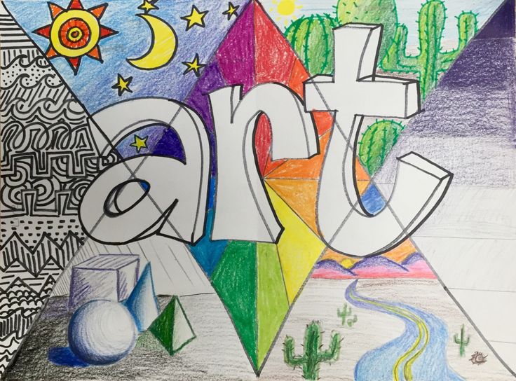 a drawing of the word art written in different colors and shapes with cactuses around it