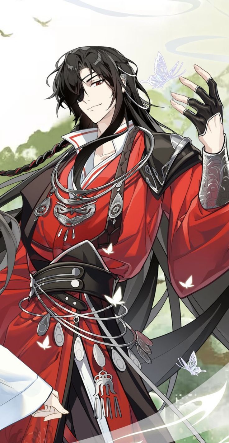 an anime character dressed in red and black