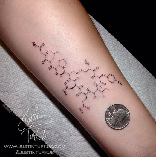 a tattoo with the names of different substances on it's arm, and an image of